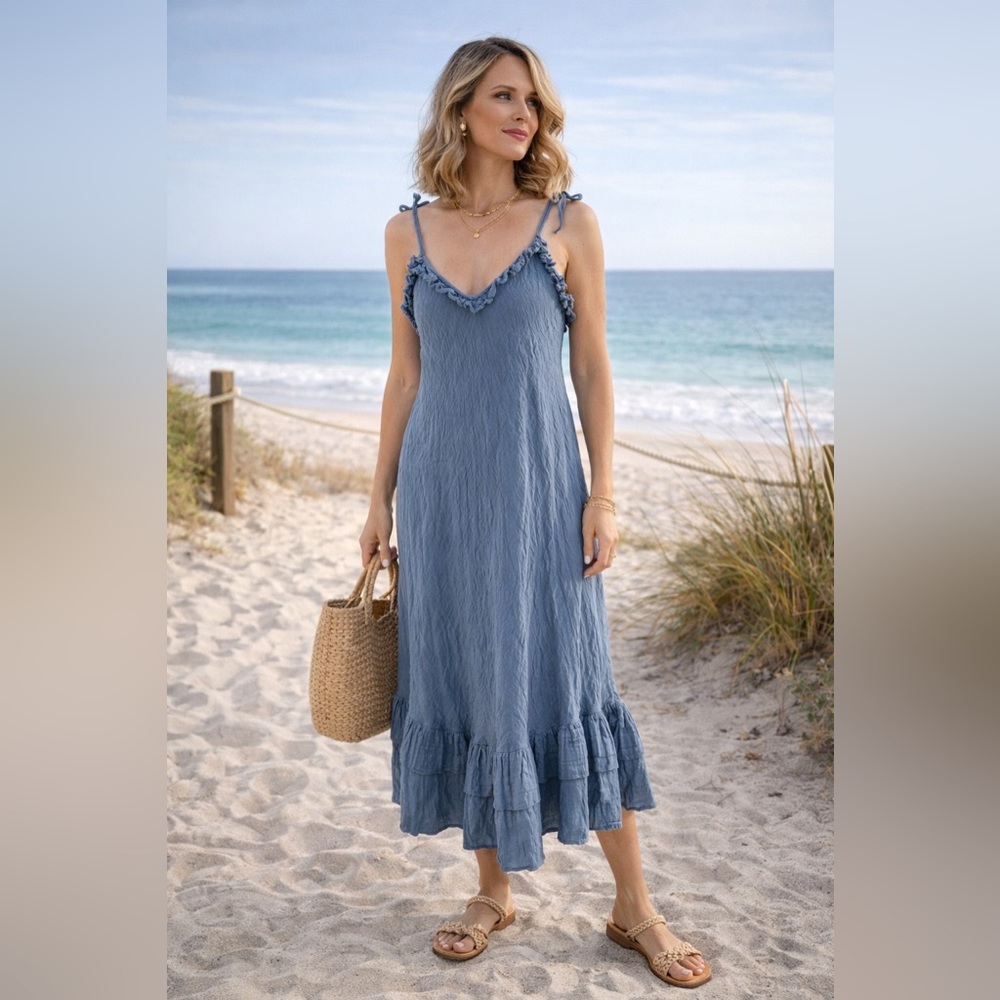 Blue Organic Cotton spaghetti straps ruffles sundress Boho Beach‎ Dress size 6
